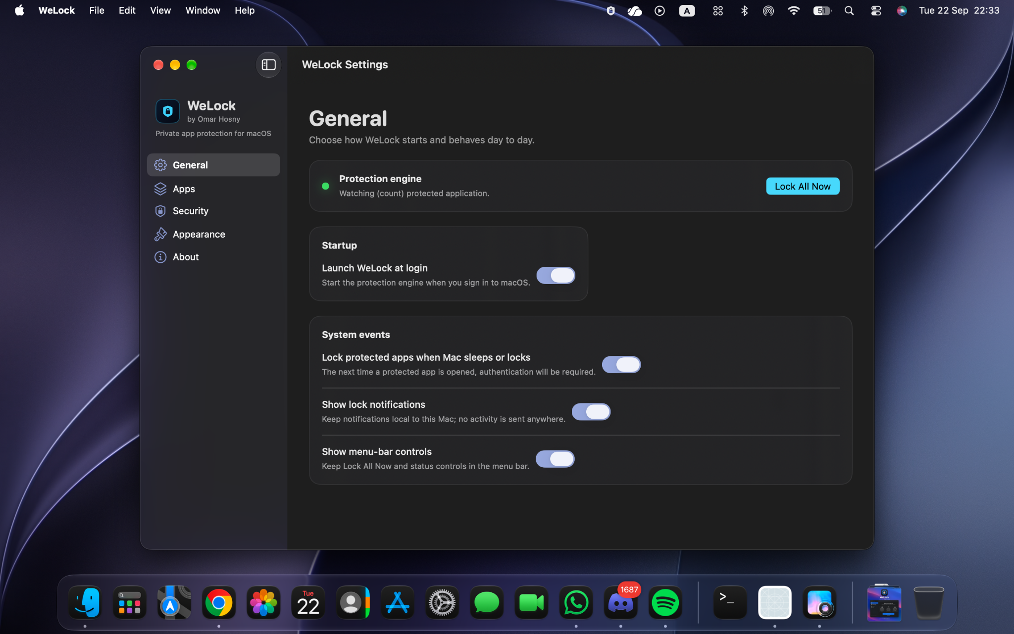WeLock Settings window on macOS